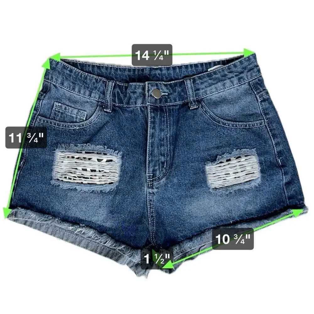 Womens Distressed Edgy‎ Jean Shorts Medium Leopard Pockets Frayed Hem Summer